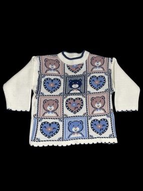Vintage Girls 3T Kids Sweater White Blue Pink Country Teddy Bears Hearts Acrylic